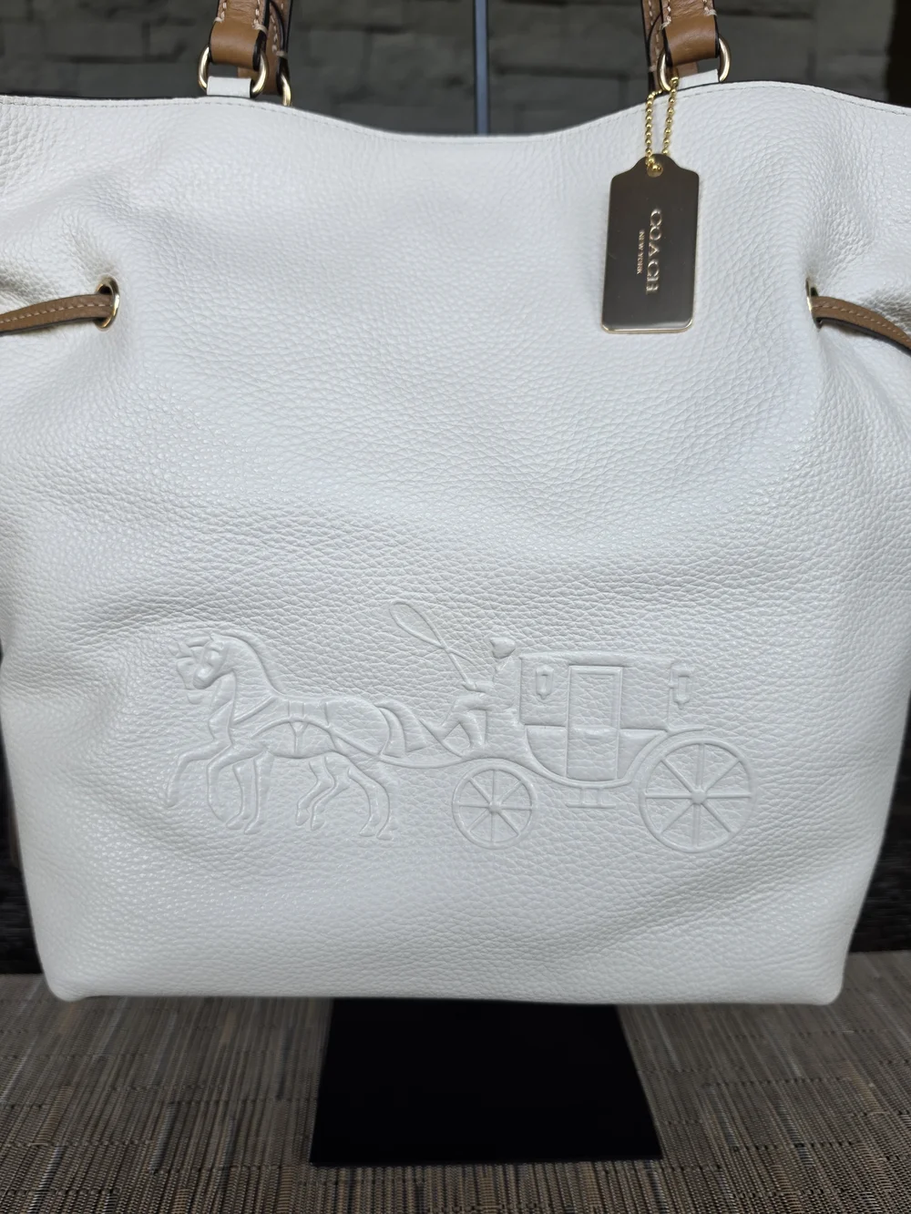 Coach Andy Leather Tote Bag with Carriage - Off-White with Tan Handles